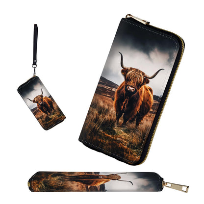 HOTRFID-Blocking Zip Around Wallets for Women with Detachable Wrist Strap,Large Capacity Phone Holder with Card Organizer & Coin Pocket,Brown Highland Cow