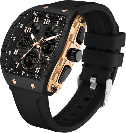 HOTfindtime Watches for Men Relojes para Hombres Wristwatch with Digital Analog Dual Time Display Countdown Stopwatch Punk Cool Design 5ATM Waterproof Mens Watch | Reloj de Hombre Rectangle Design Digital Analog Dual Time Display Countdown Stopwatch Punk