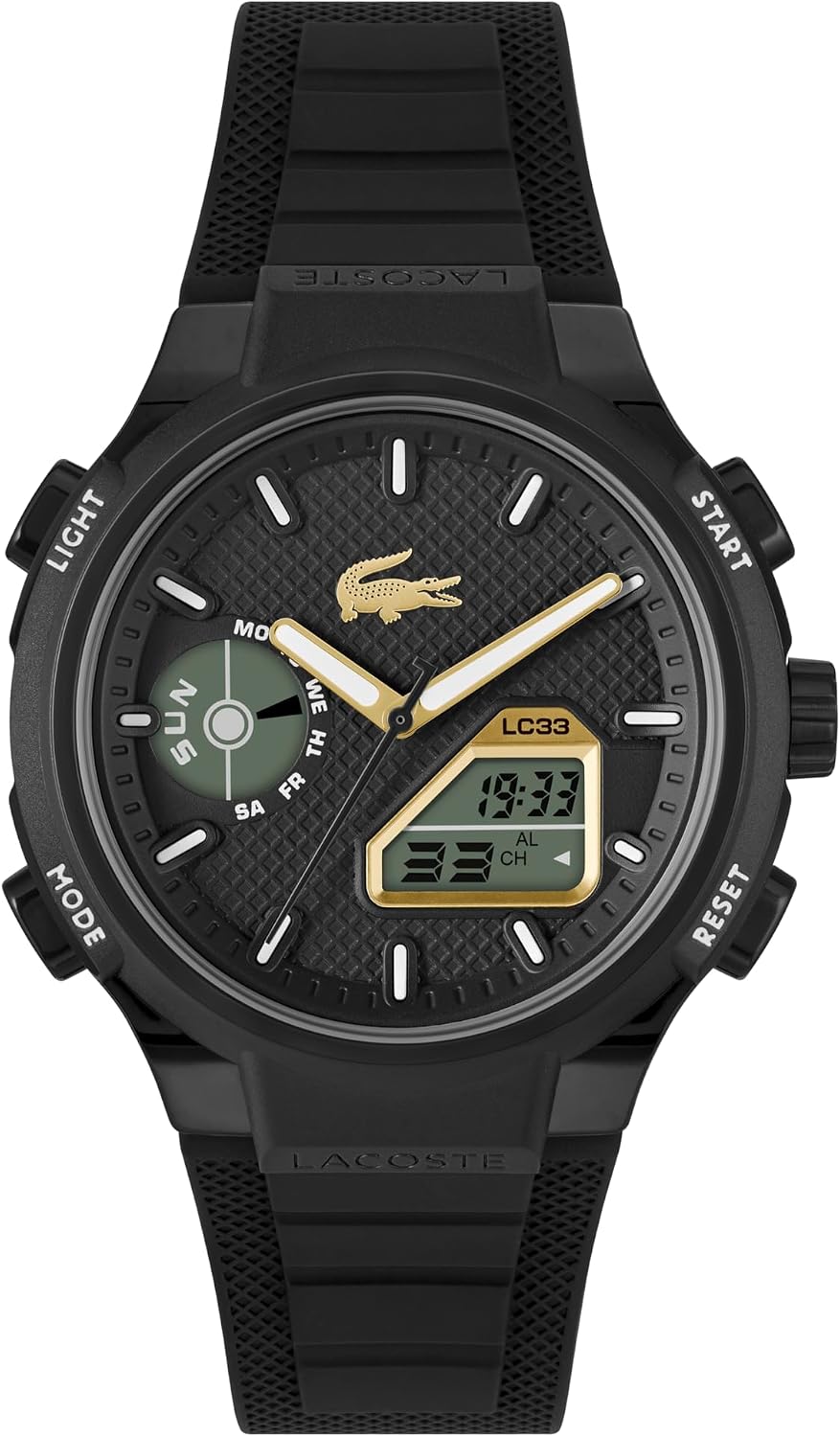 HOTLacoste LC33 Men’s Analog-Digital Quartz Watch - Silicone Strap with Crocodile Texture, TR90 Octagonal Case, Alarm, Chronograph and Calendar -Bold, Sporty Timepiece