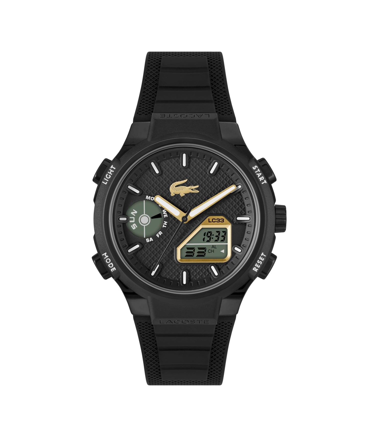 HOTLacoste LC33 Men’s Analog-Digital Quartz Watch - Silicone Strap with Crocodile Texture, TR90 Octagonal Case, Alarm, Chronograph and Calendar -Bold, Sporty Timepiece