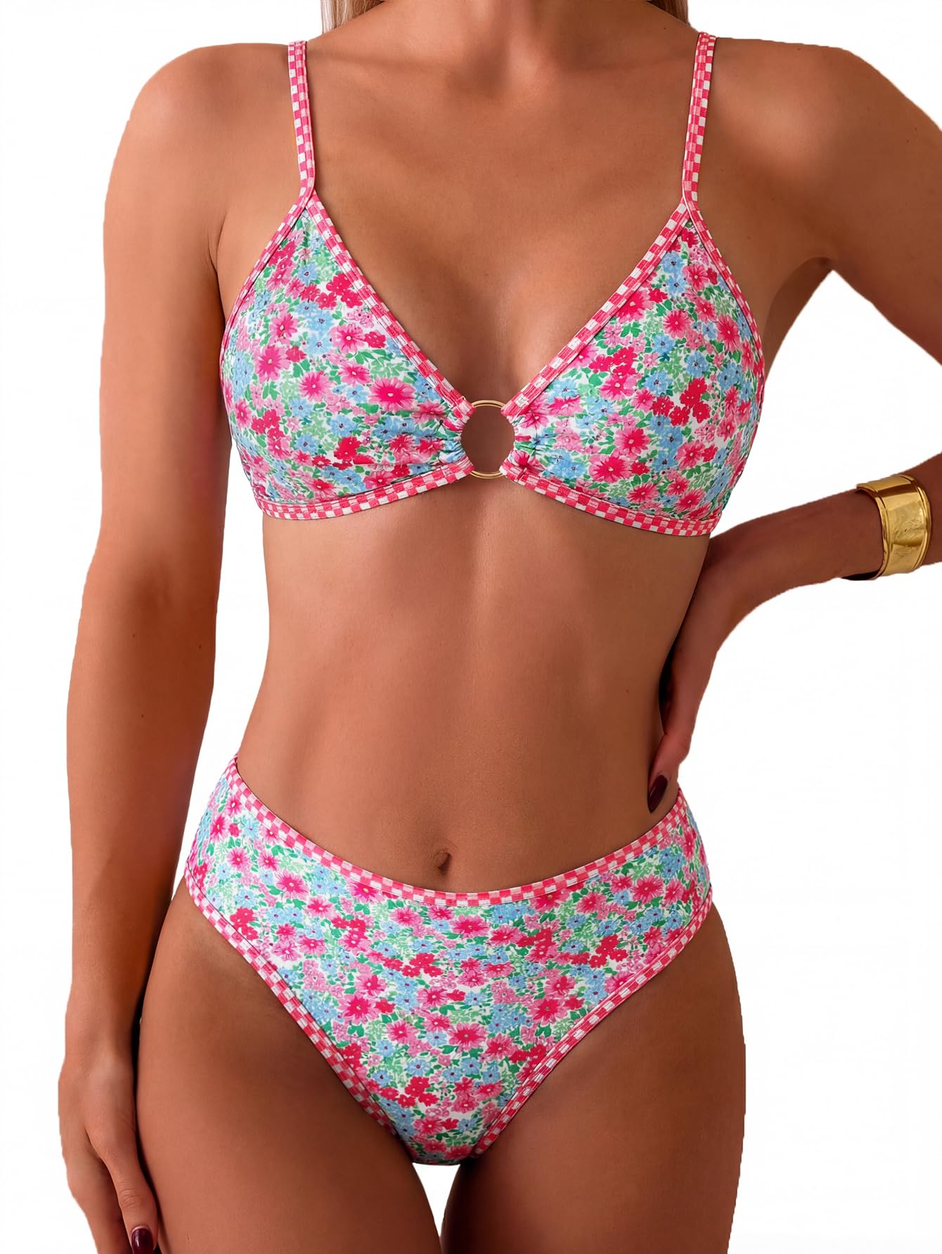 HOTTainehs Women's Two Piece Bikini Sets O Ring Front Top Ditsy Floral Triangle Swimsuits Cheeky Bathing Suit