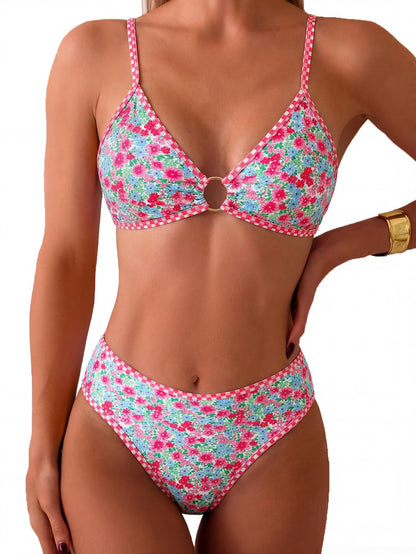 HOTTainehs Women's Two Piece Bikini Sets O Ring Front Top Ditsy Floral Triangle Swimsuits Cheeky Bathing Suit