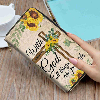 HOTChristian Cross Quote Bible Verse Matthew 19:26 Print Wallet for Women Large Capacity Wallet Credit Card Holder PU Leather Zipper Clutch Purse Phone Wallet