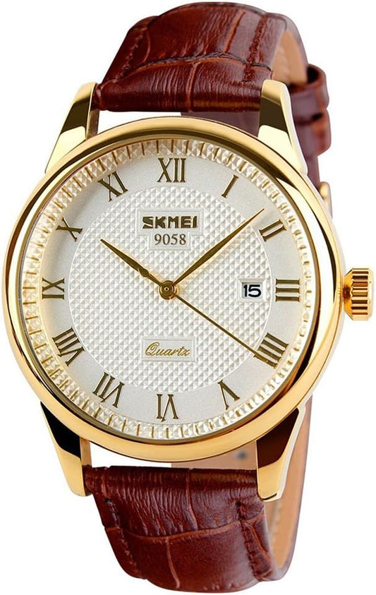 HOTSKMEI Business Men’s Quartz Wristwatches Roman Numeral Leather Band Casual Water Resist Analog Watches