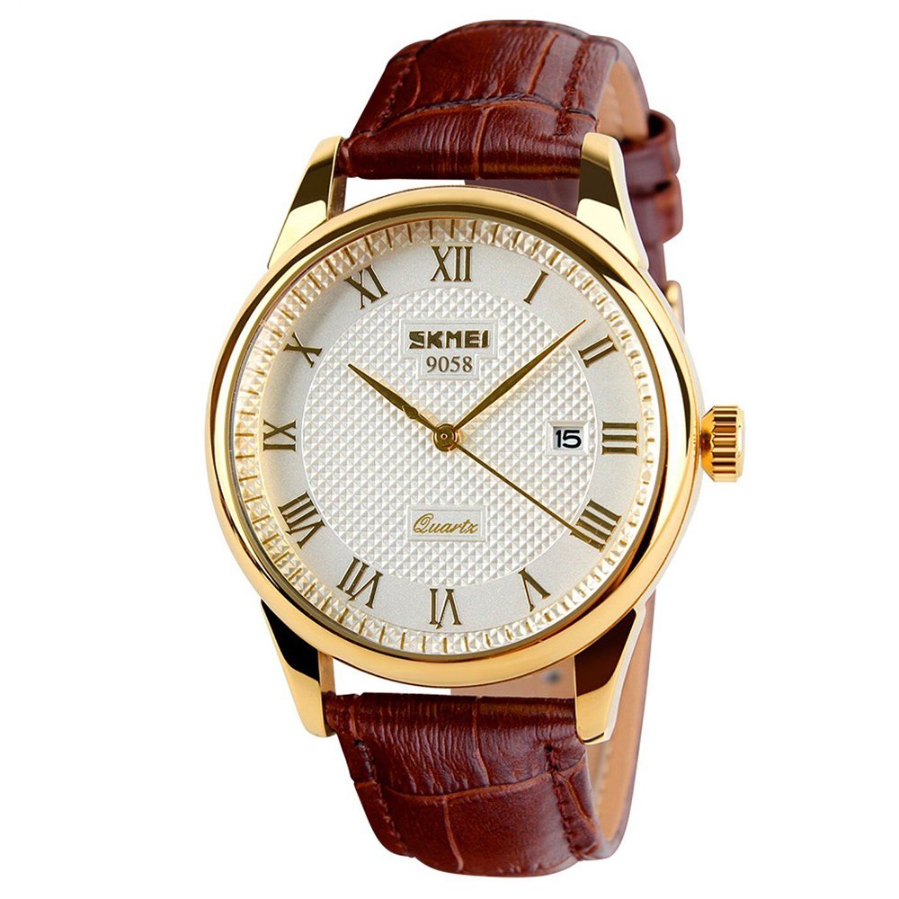 HOTSKMEI Business Men’s Quartz Wristwatches Roman Numeral Leather Band Casual Water Resist Analog Watches