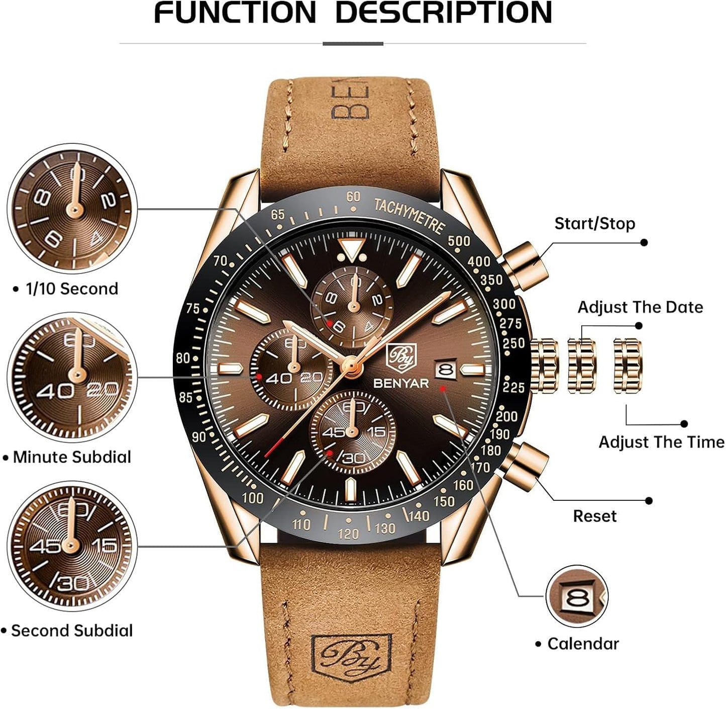 HOTBENYAR Mens Watches Quartz Analog Chronograph Waterproof Wrist Watches for Men Fashion Business Work Casual Sport Dress Watch with Calendar