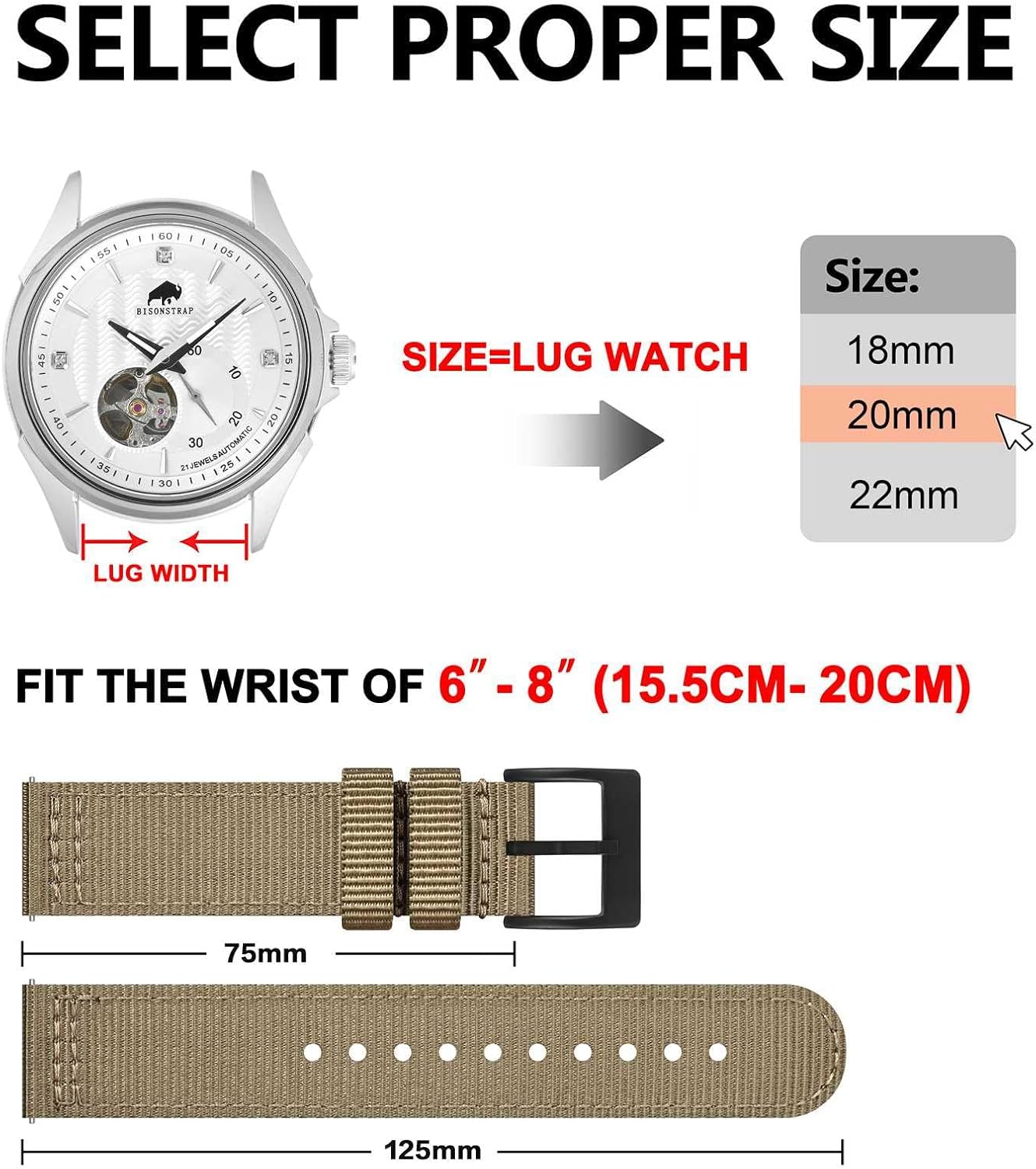 HOTBISONSTRAP Men’s Nylon Watch Bands, Two-Piece Military Watch Straps, Quick Release, Brushed Buckle, Band Width 18mm 19mm 20mm 22mm