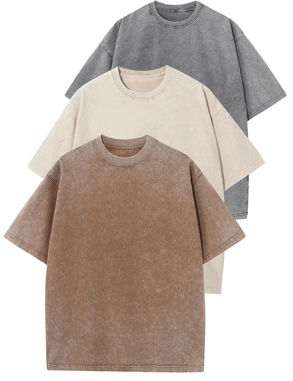 HOTFlygo 3 Pack Men Oversized T Shirts Acid Washed Unisex Tee Loose Fit Short Sleeve Casual Streetwear Baggy Basic Tops