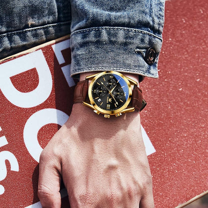 HOTOLEVS Men's Casual Leather Watch, Big Face Chronograph Watch for Men, Fashion Easy to Read Dress Watch, Men's Waterproof Luminous Date Analog Watch, Gold/Black/White/Blue Dial