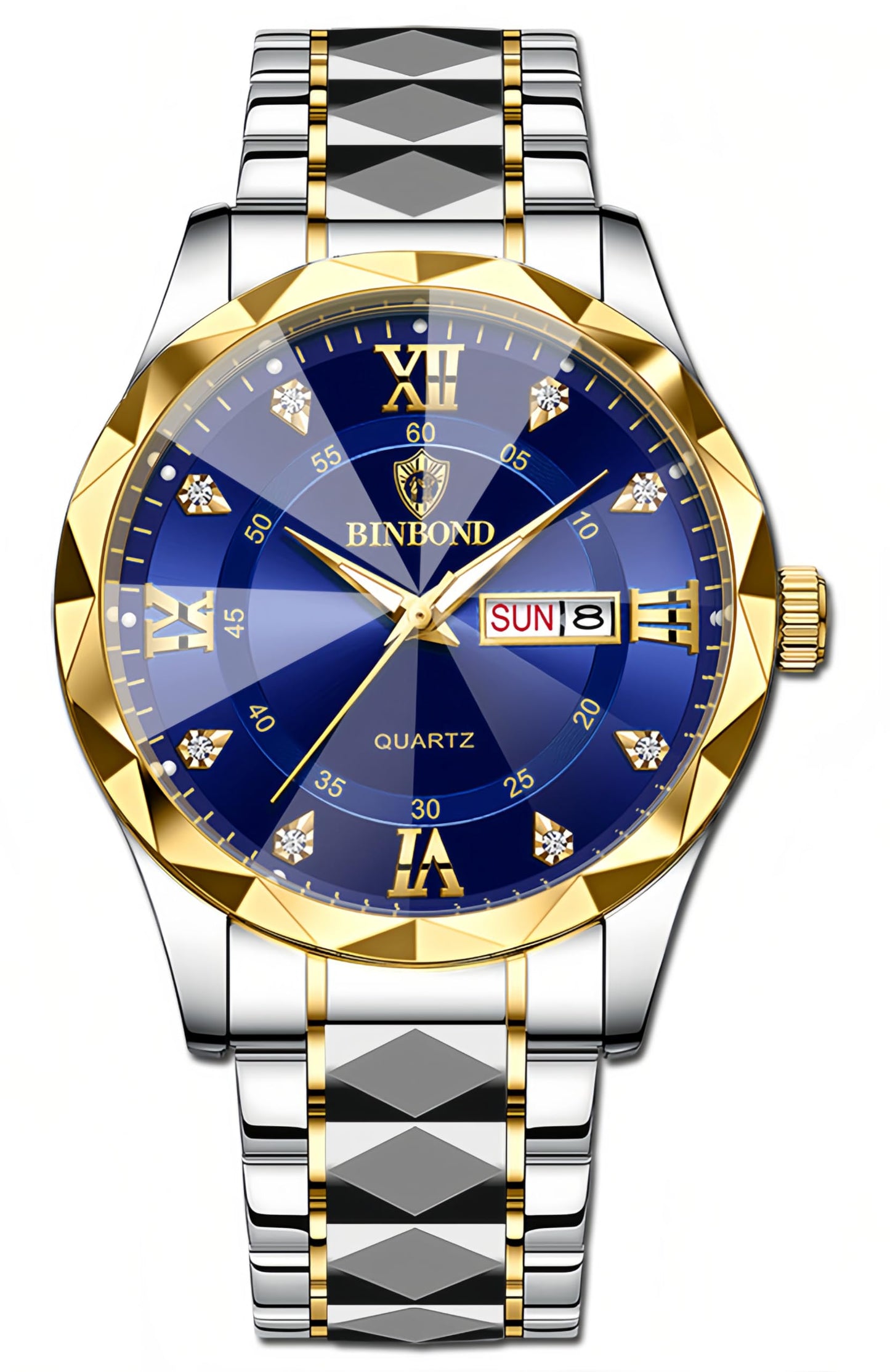 HOTGosasa Luxury Men's and Women's Business Diamond Stainless Steel Waterproof Roman Numeral Analog Quartz Watch with Day-Date Calendar, Gold and Silver Tone