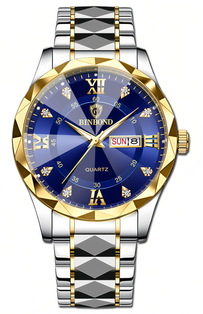 HOTGosasa Luxury Men's and Women's Business Diamond Stainless Steel Waterproof Roman Numeral Analog Quartz Watch with Day-Date Calendar, Gold and Silver Tone