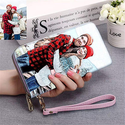 HOTPersonalized Crayon Style Photo Women's Wallet Custom Fashion Phone bags Leather Wallet Christmas gifts(Pink Double Side)