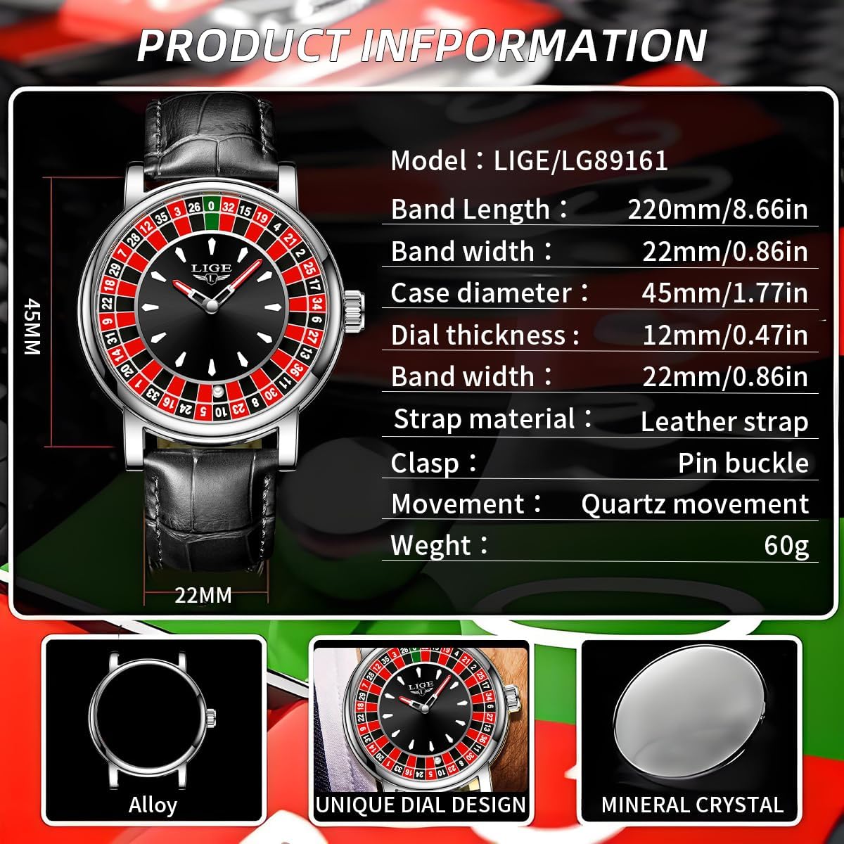 HOTMens Watches,Unique Roulette Style Quartz Analog Watch,45MM Big Face Alloy Waterproof Glowing Watch for Men,Exquisite and Durable Leather Strap,Casual Fashionable Men's Wrist Watches