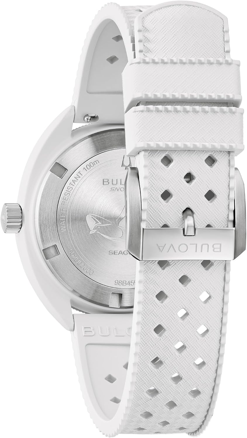 HOTBulova Oceanographer Snorkel Amazon Exclusive Ceramic Case and White Perforated Rubber Strap Watch, Day Date 100M WR