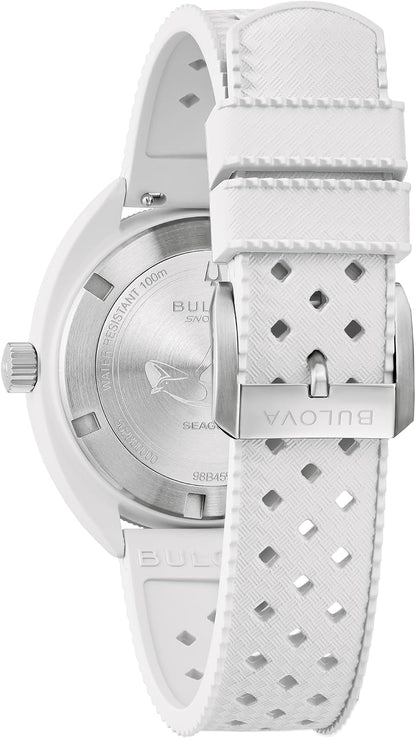 HOTBulova Oceanographer Snorkel Amazon Exclusive Ceramic Case and White Perforated Rubber Strap Watch, Day Date 100M WR