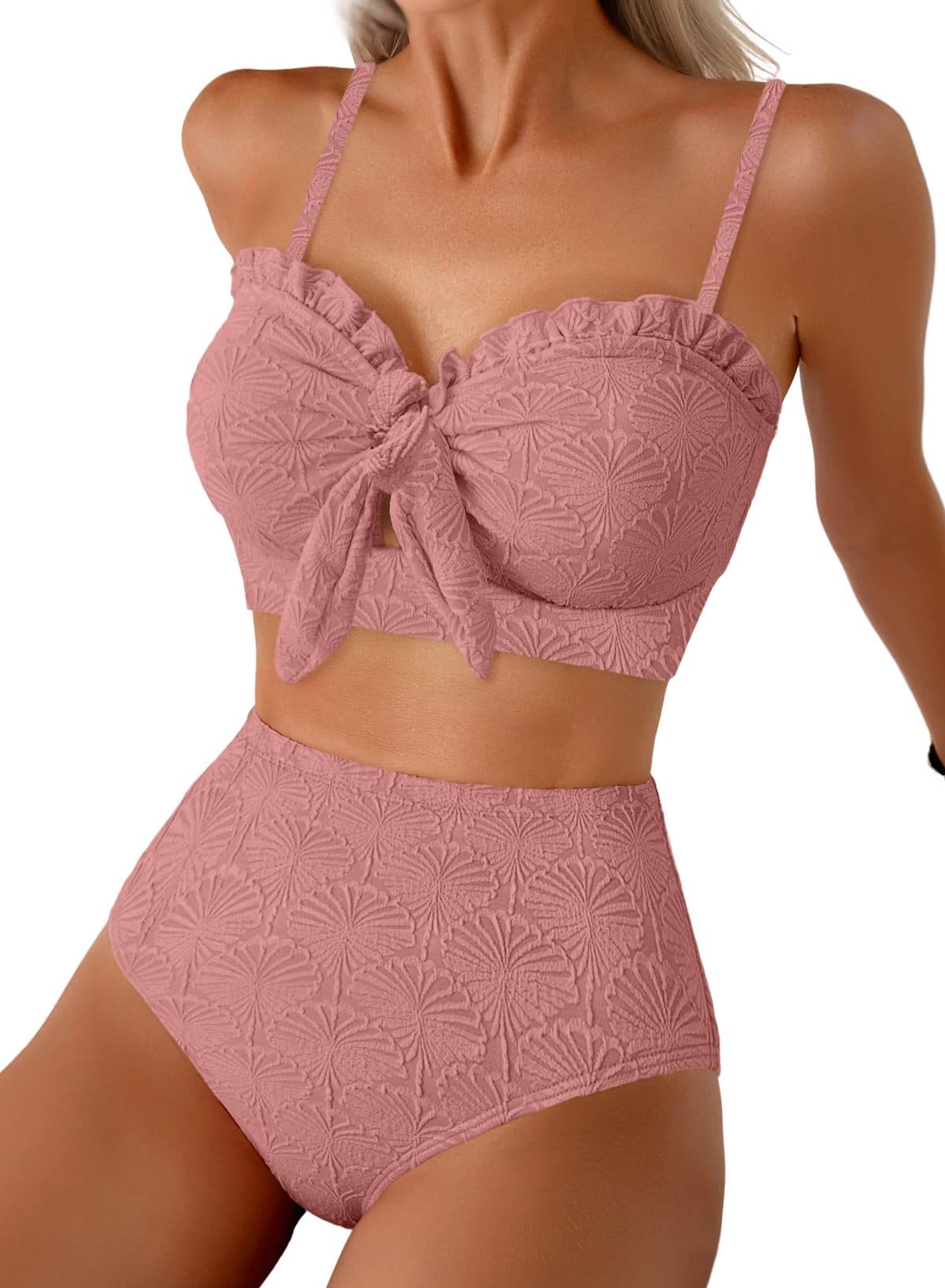 HOTHerseas Women's Seashell Textured Bikini Sets Knotted Front 2 Piece Swimsuits Ruffle Trim Bathing Suits