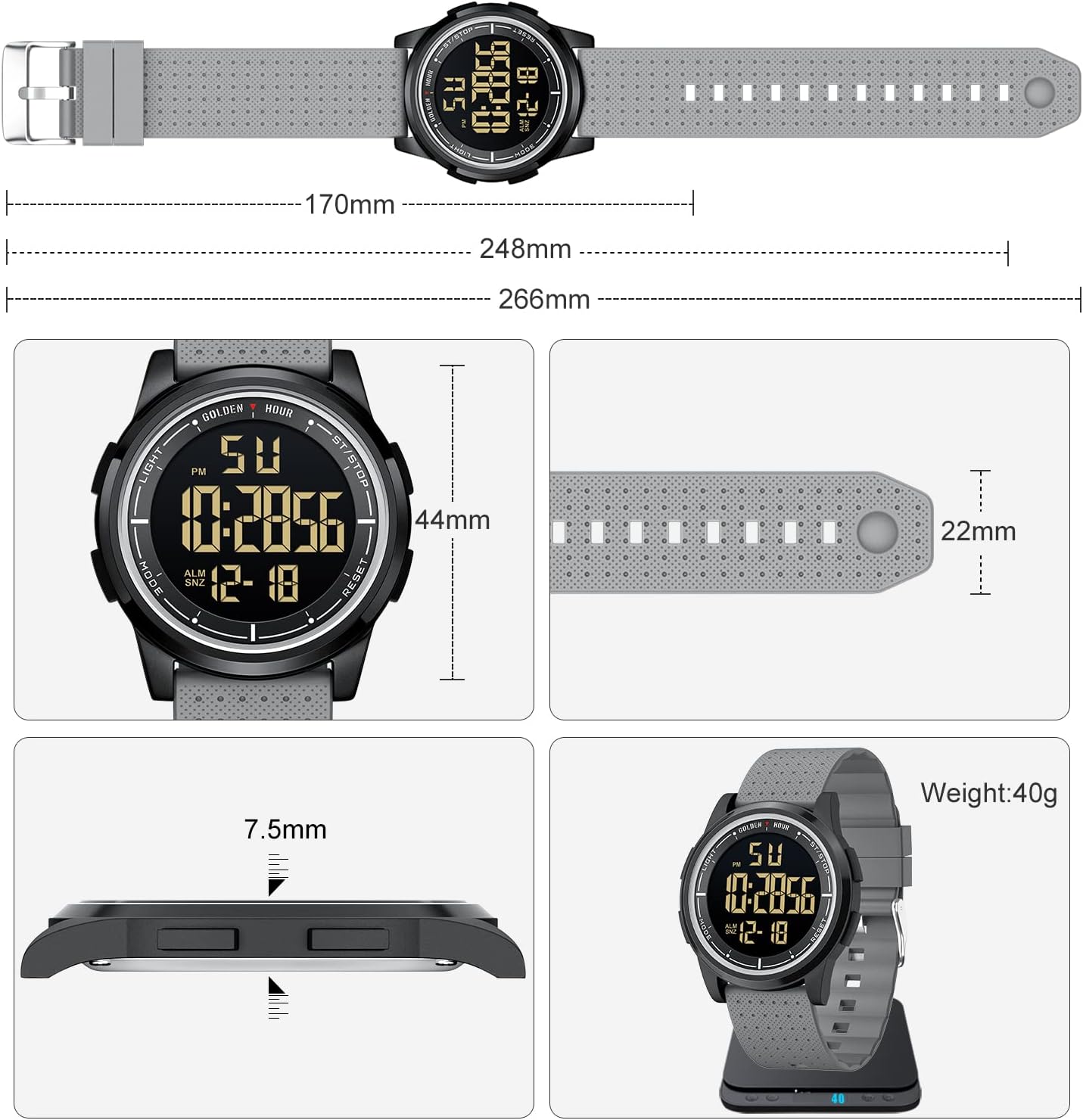 HOTGOLDEN HOUR Ultra-Thin Minimalist Sports Waterproof Digital Watches Men with Wide-Angle Display Rubber Strap Wrist Watch for Men Women