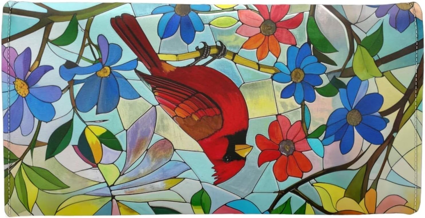 HOTNorth Cardinals Bird Women Wallet Long Trifold Checkbook Wallets with Zipper Pocket, Mosaic Art Birds Flowers Credit Card Holder PU Leather Billfold Wallet Purse