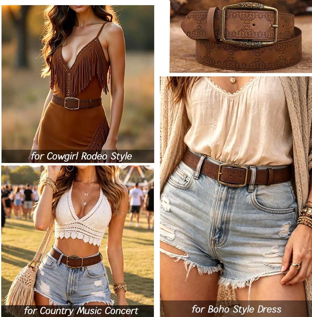 HOTWomen Western Belt Vintage Metal Buckle Leather Belts Country Cowboy Cowgirl Belt for Jeans Pant Dress