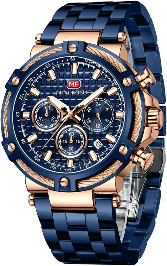 HOTMF MINI FOCUS Business Men Watches (Chronograph/Waterproof/Luminous/Calendar/24 Hours) Big Face Stainless Steel Band Watches for Men