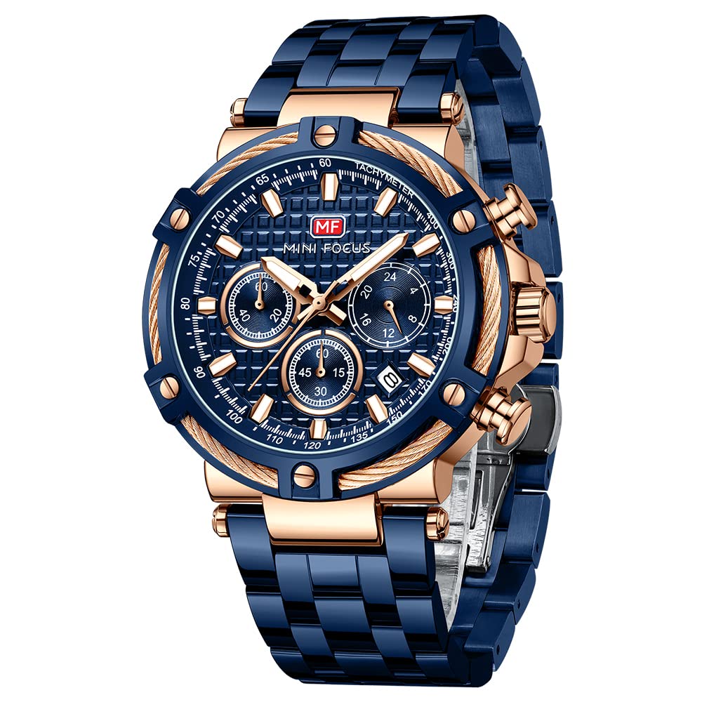 HOTMF MINI FOCUS Business Men Watches (Chronograph/Waterproof/Luminous/Calendar/24 Hours) Big Face Stainless Steel Band Watches for Men