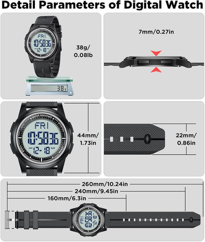 HOTBeeasy Digital Watch for Men Women, 50M Waterproof, Ultra-Thin & Lightweight, 44mm Silicone Sports Watch with Alarm, Stopwatch, Countdown, Ideal for Gym, Running, School, Daily Wear