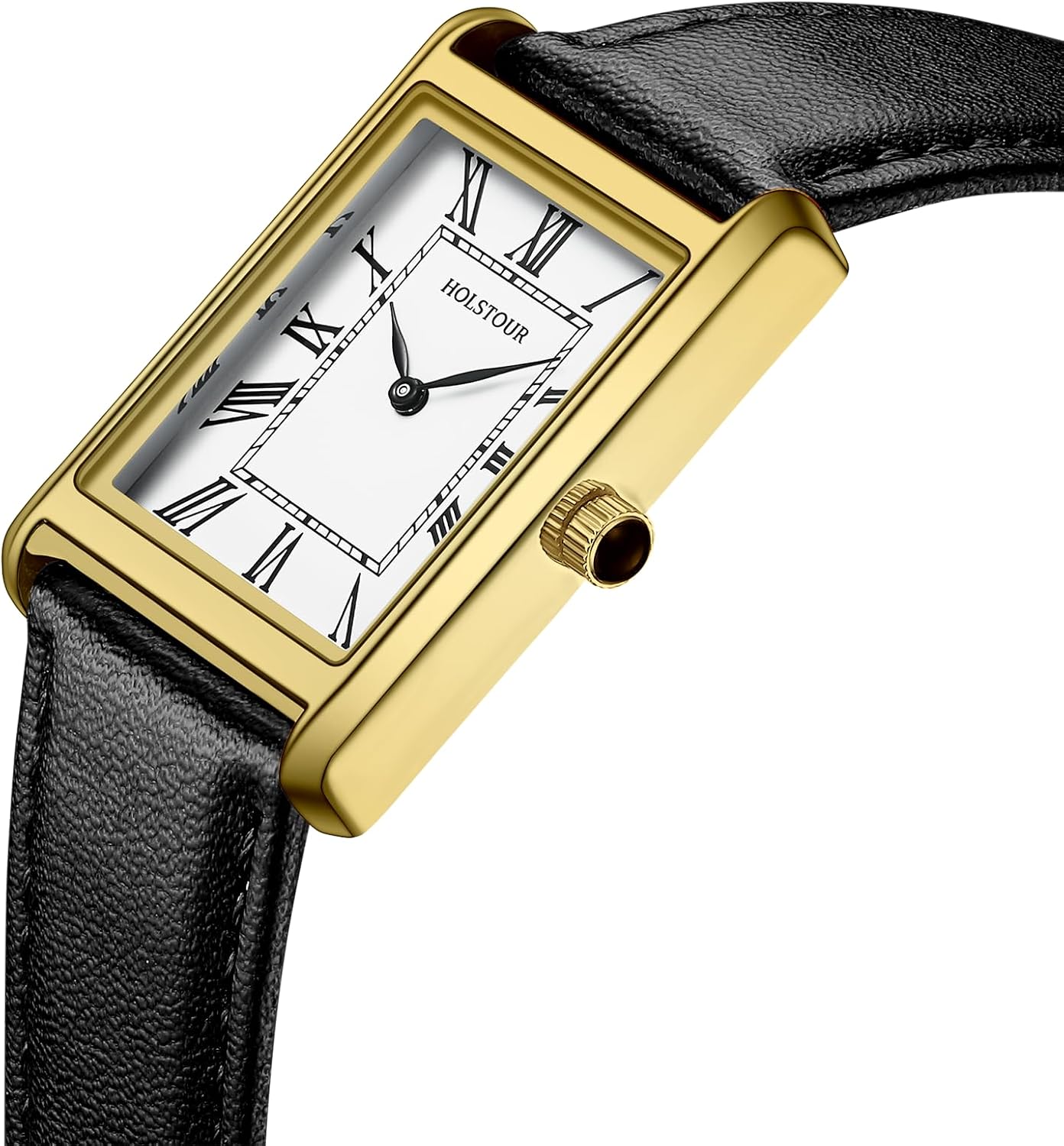 HOTHOLSTOUR Watches for Men Business Simple Model Rectangle Roman Numerals Case Water Resistant with Leather Strap