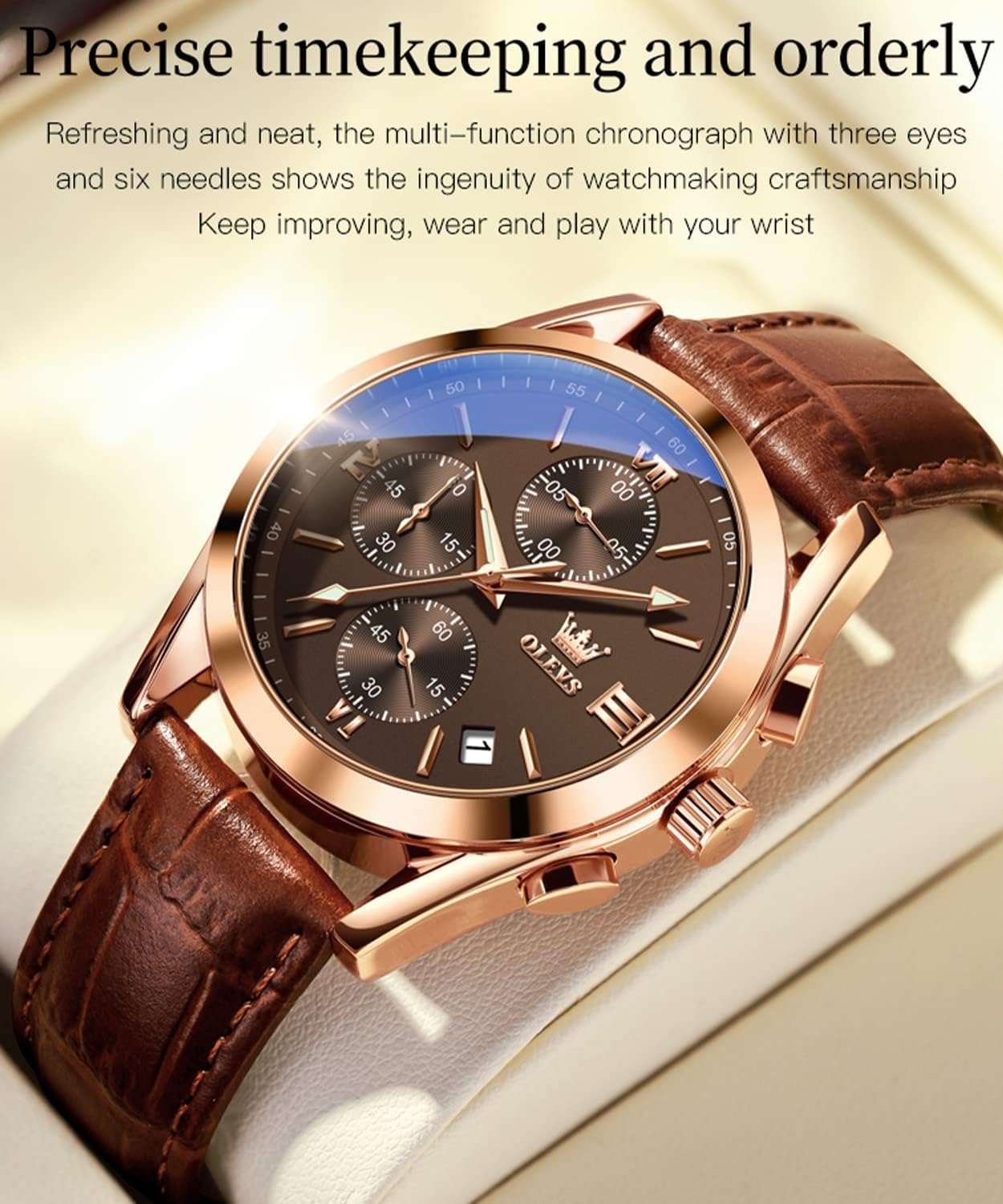 HOTOLEVS Watches for Men Case Waterproof Watches Leather Band Day Date Mens Watch Analog Quartz Chronograph Wristwatches Multi-Function Men's Watch