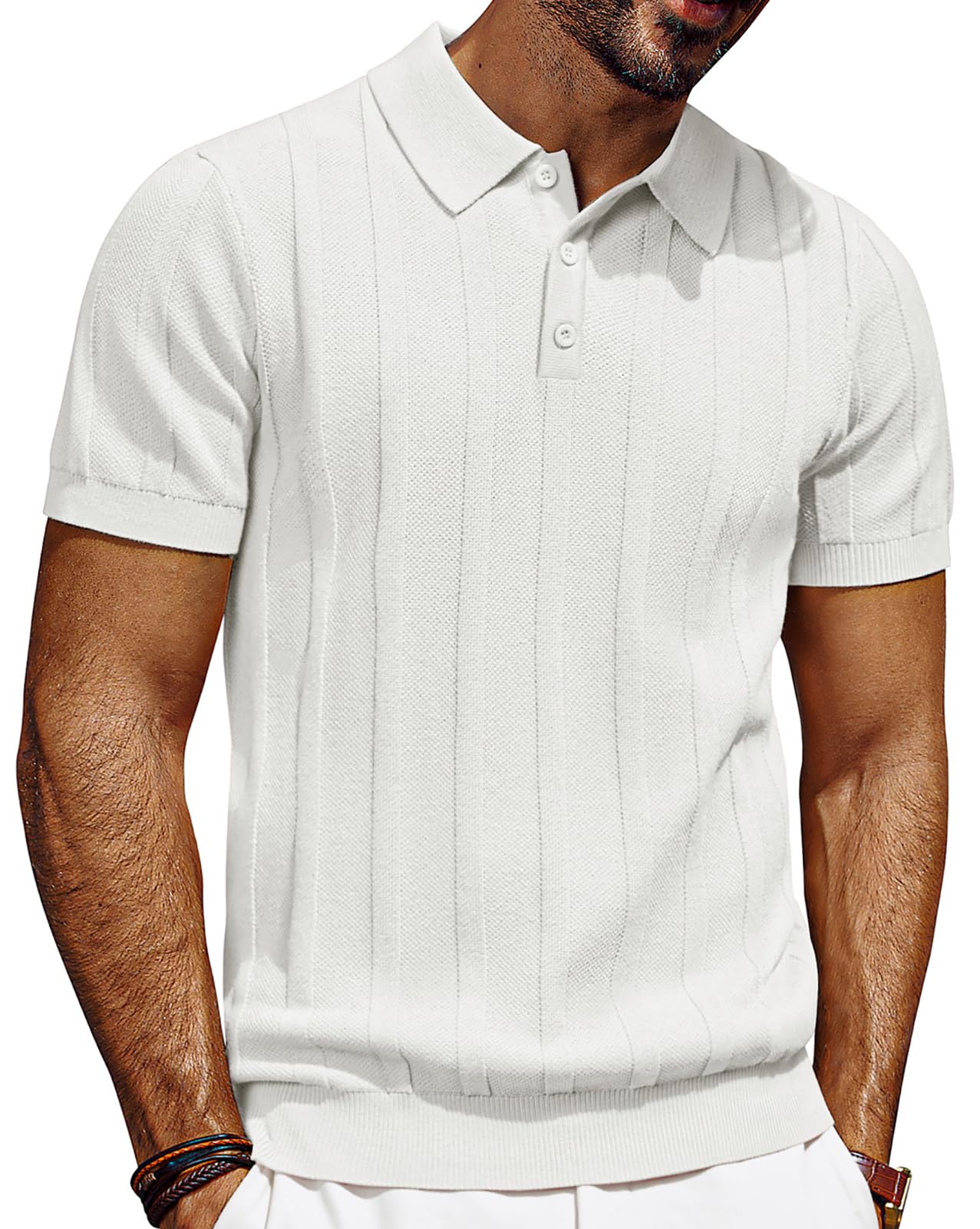 HOTPJ PAUL JONES Mens Polo Shirts Short Sleeve Textured Knit Polo Shirt Ribbed Casual Golf Shirts