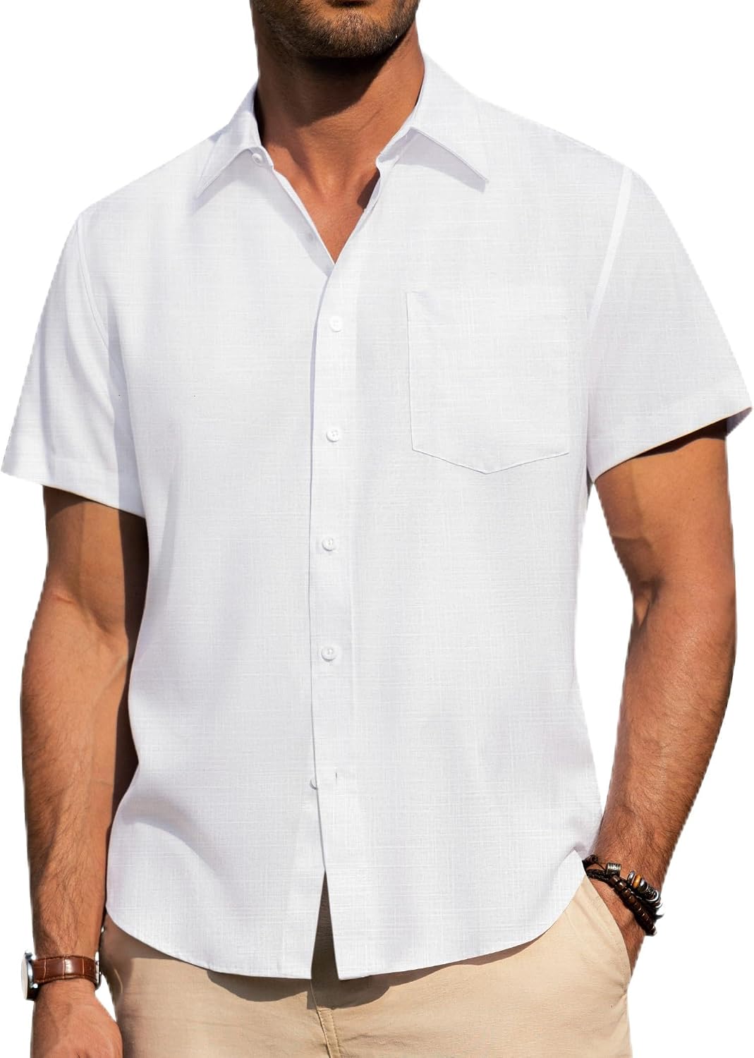 HOTAlimens & Gentle Mens Linen Shirts Short Sleeve Button Down Shirts Wrinkle Free Casual Vacation Beach Summer Tops