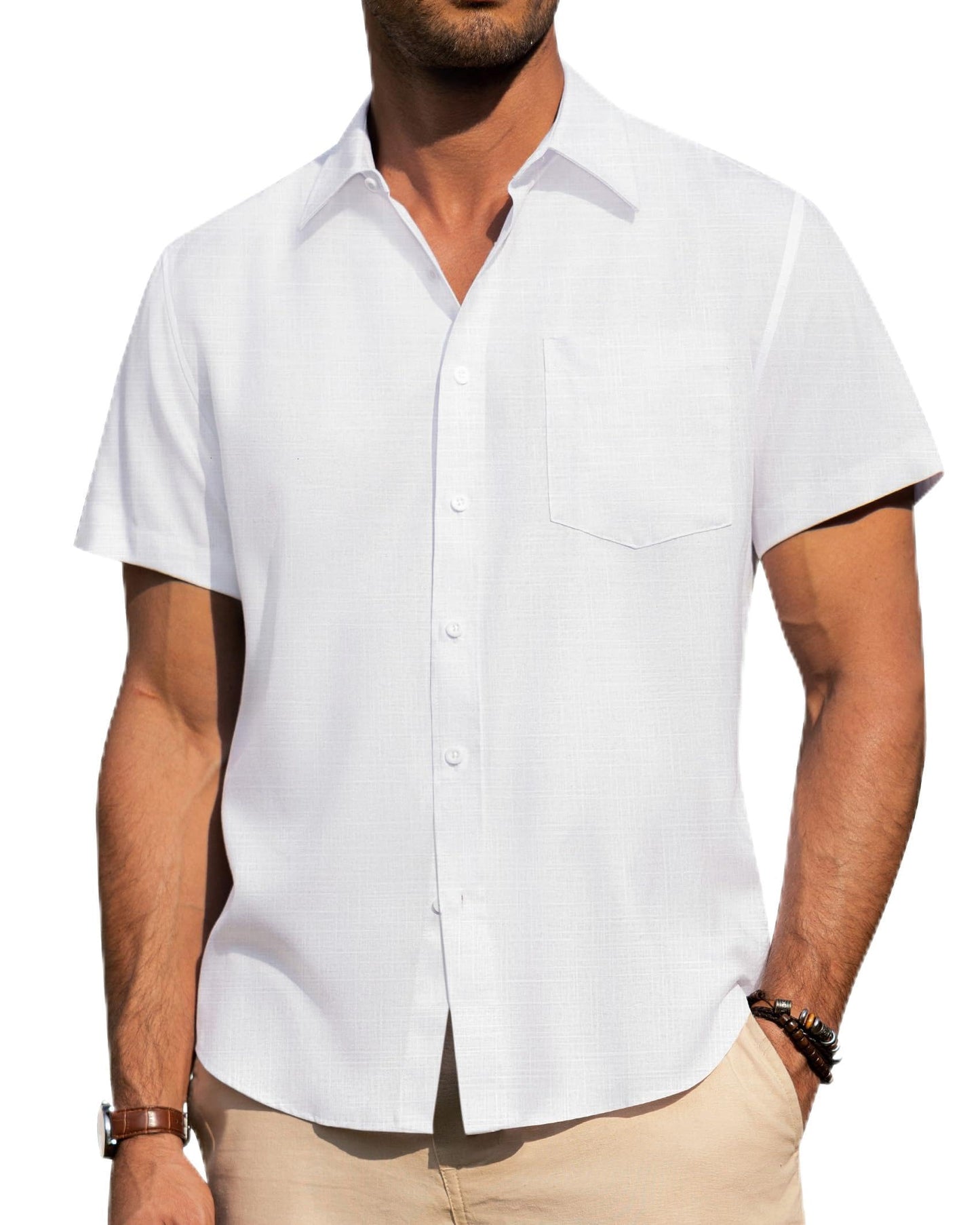 HOTAlimens & Gentle Mens Linen Shirts Short Sleeve Button Down Shirts Wrinkle Free Casual Vacation Beach Summer Tops
