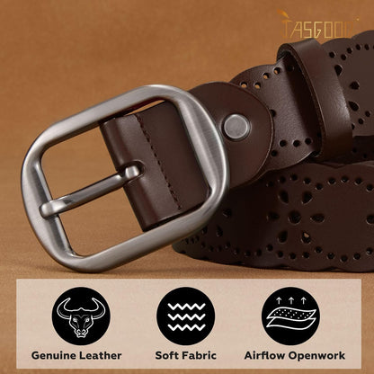 HOTJASGOOD Women's Hollow Flower Genuine Leather Belt for Jeans Pants Wide Belt for Ladies