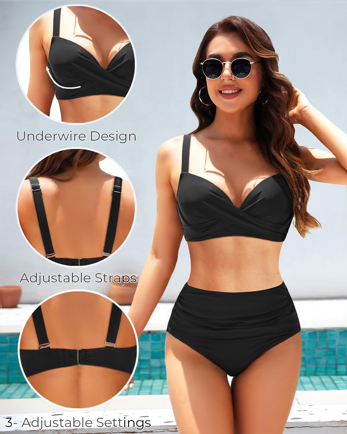 HOTWomen Underwire Bikini Top - Bra Padded Push Up Swimsuit Top | Twist Front Design, Wide Adjustable Straps,Unremovable Cups for Fixed Lift,Full Lining,3-gear Adjustable Hook Closure