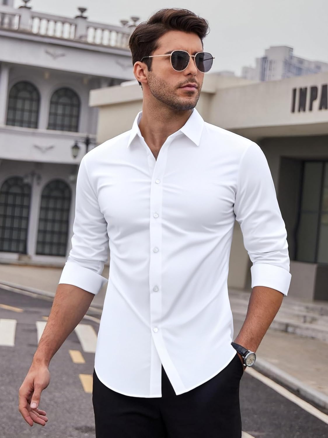 HOTSAMERM Mens Dress Shirt Stretch Wrinkle Free Casual Button Down Shirts | 4-Way Stretch & Moisture Wicking Performance Shirt for Business, Wedding, Work, Church, Easy Care Lightweight & Breathable