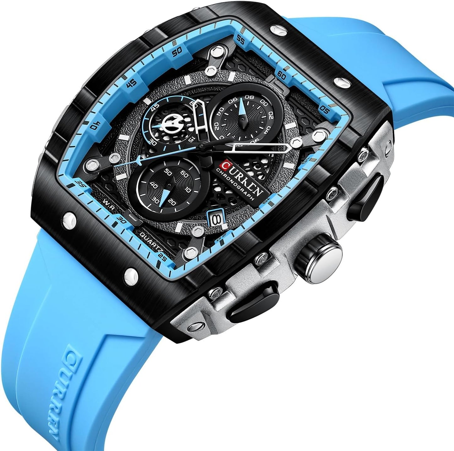 HOTPASOY Men's Chronograph Watch, Big Face, Tonneau Case, Rubber Strap | 47mm analog quartz watch, working chronograph with 1/10-second, second and minute subdials, date, stainless steel case