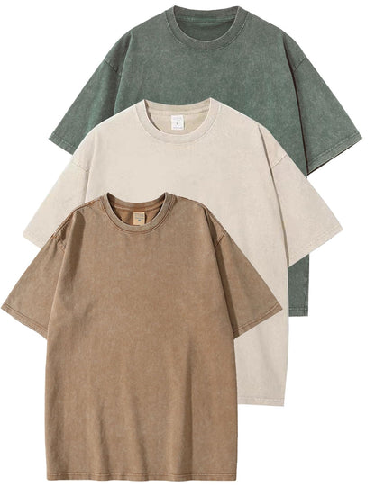 HOTFlygo 3 Pack Men Oversized T Shirts Acid Washed Unisex Tee Loose Fit Short Sleeve Casual Streetwear Baggy Basic Tops