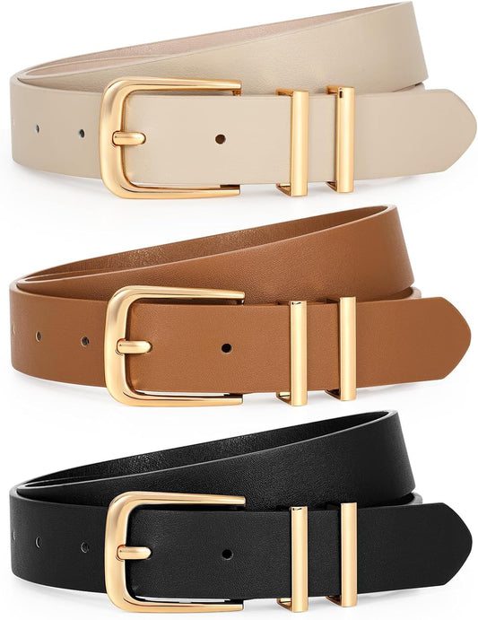 HOTLEACOOLKEY 3 Pack Women's Leather Belts for Jeans Dress Pants Fashion Ladies Leather Belts with Gold Buckle
