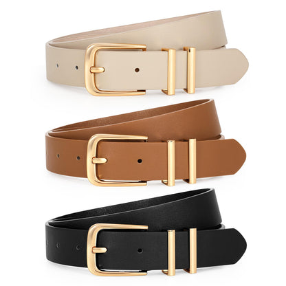 HOTLEACOOLKEY 3 Pack Women's Leather Belts for Jeans Dress Pants Fashion Ladies Leather Belts with Gold Buckle