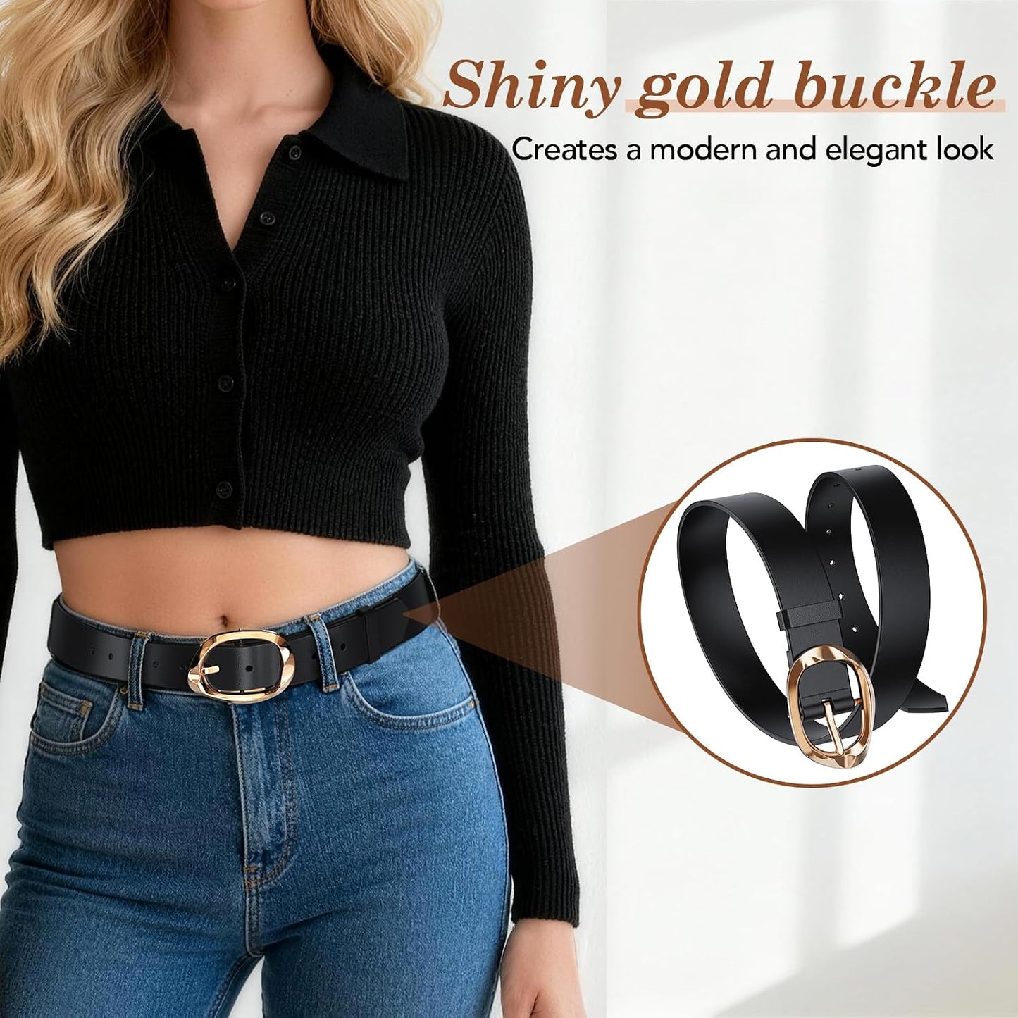 HOTAmyzavls 3 Pack Women's Belts for Jeans, Dresses, Pants, Leather Belt for Women with Fluid Liquid Shaped Gold Buckle, Black & Brown & Beige Trendy Fashion Belts for Ladies 43 inch