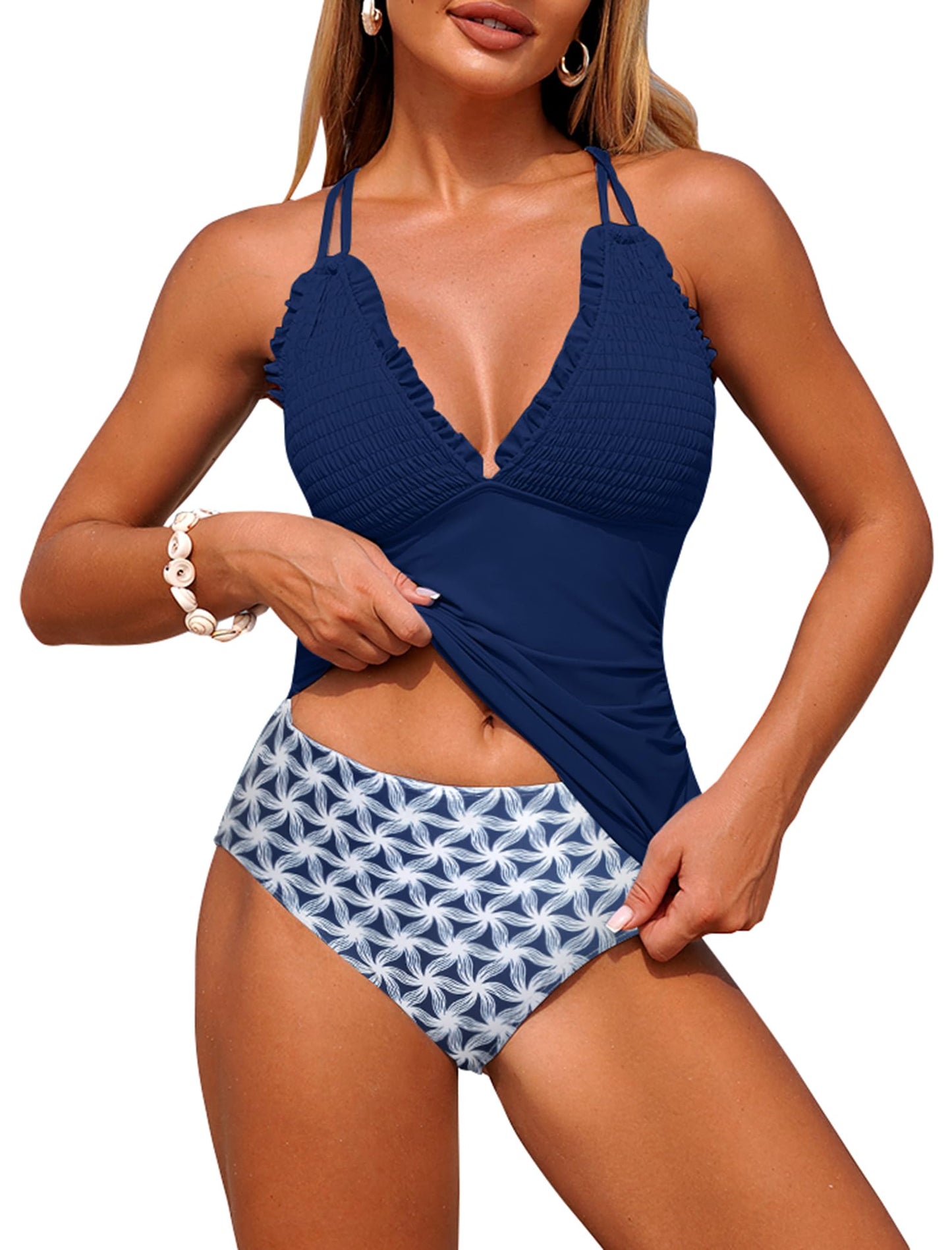 HOTZAFUL Womens Tankini Swimsuits Smocked 2 Piece Bathing Suits Modest Tie Back Swimwear