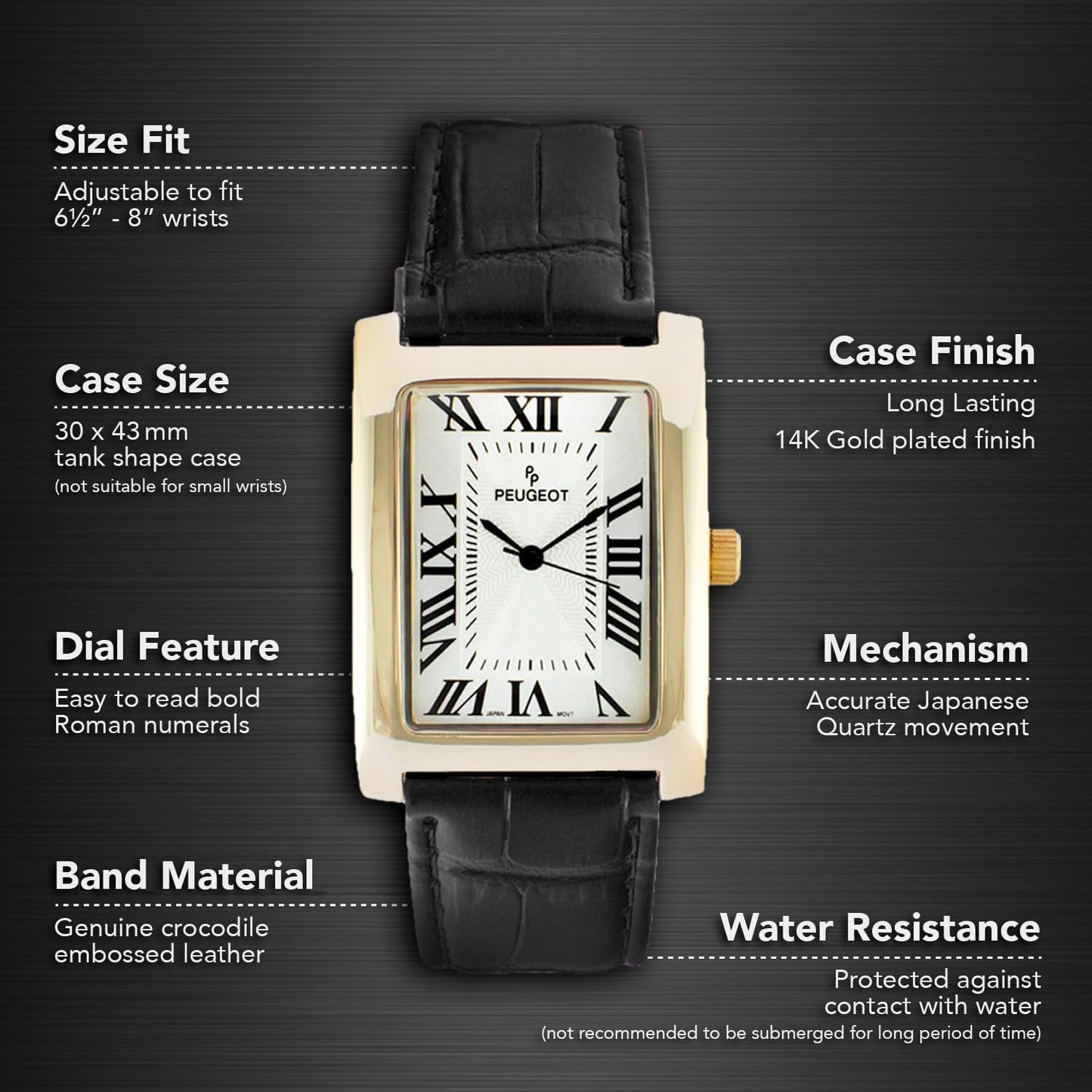 HOTPeugeot Men's Vintage Tank 14K Gold Plated Roman Numeral Leather Watch