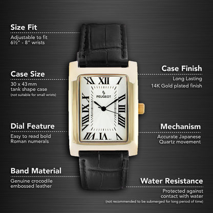 HOTPeugeot Men's Vintage Tank 14K Gold Plated Roman Numeral Leather Watch