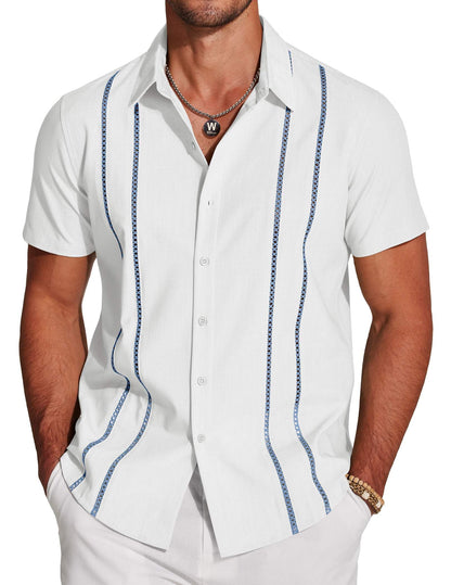 HOTCOOFANDY Men's Cuban Guayabera Shirt Short Sleeve Button Down Shirts Casual Summer Beach Linen Shirts