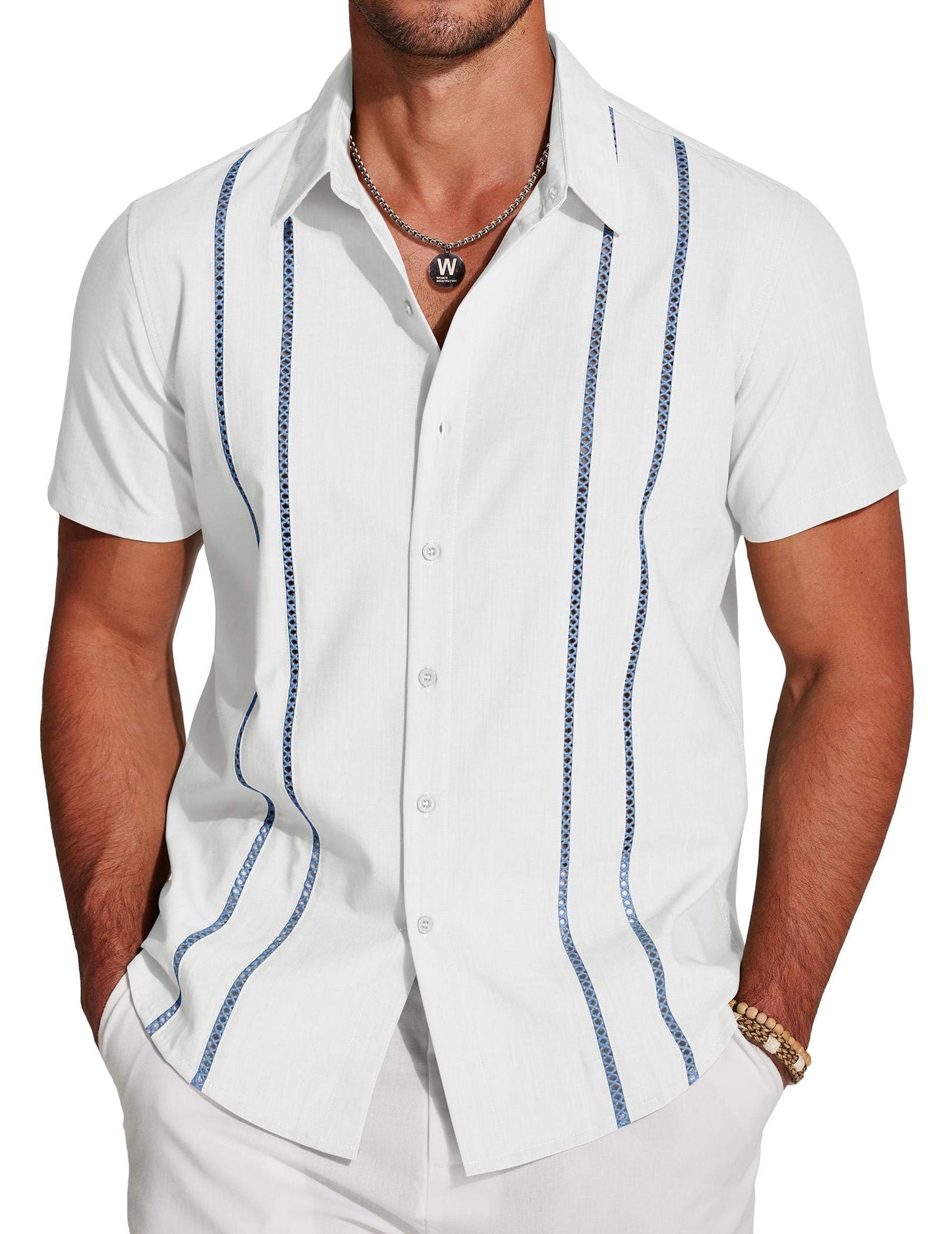 HOTCOOFANDY Men's Cuban Guayabera Shirt Short Sleeve Button Down Shirts Casual Summer Beach Linen Shirts