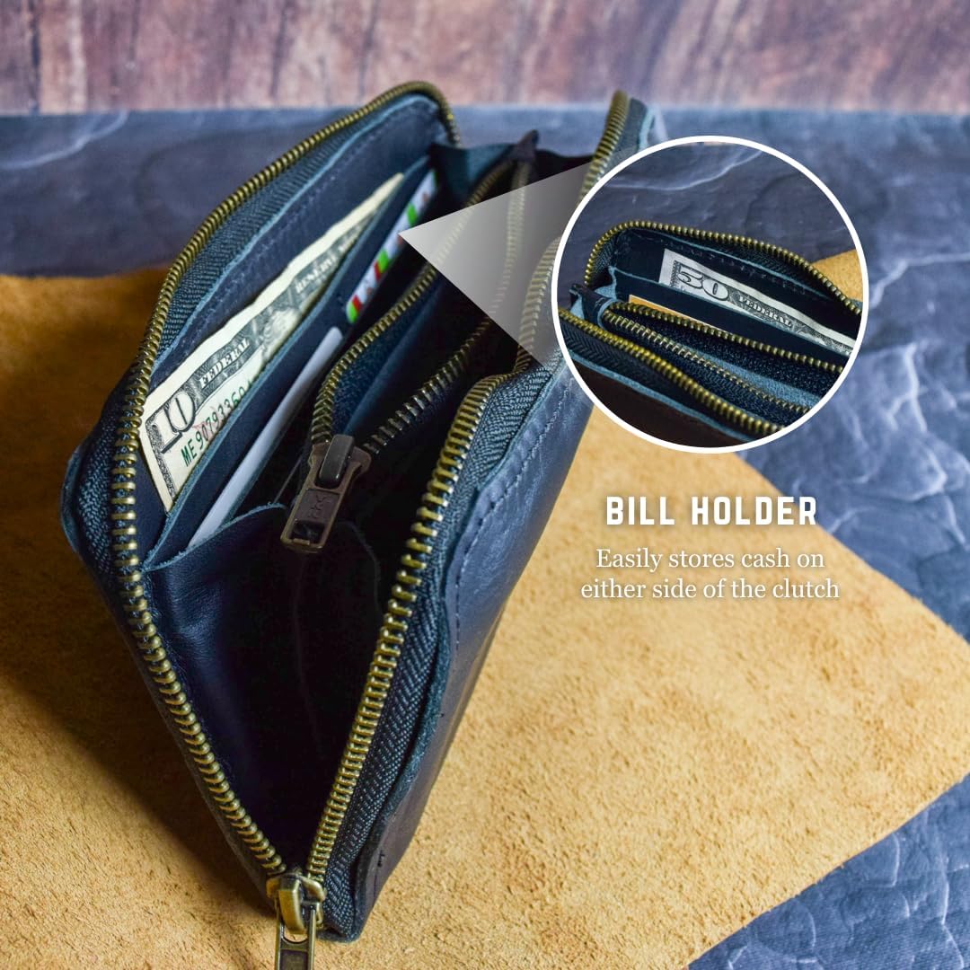HOTWomen's Black Leather Clutch Wallet, Full Grain Leather, Handmade