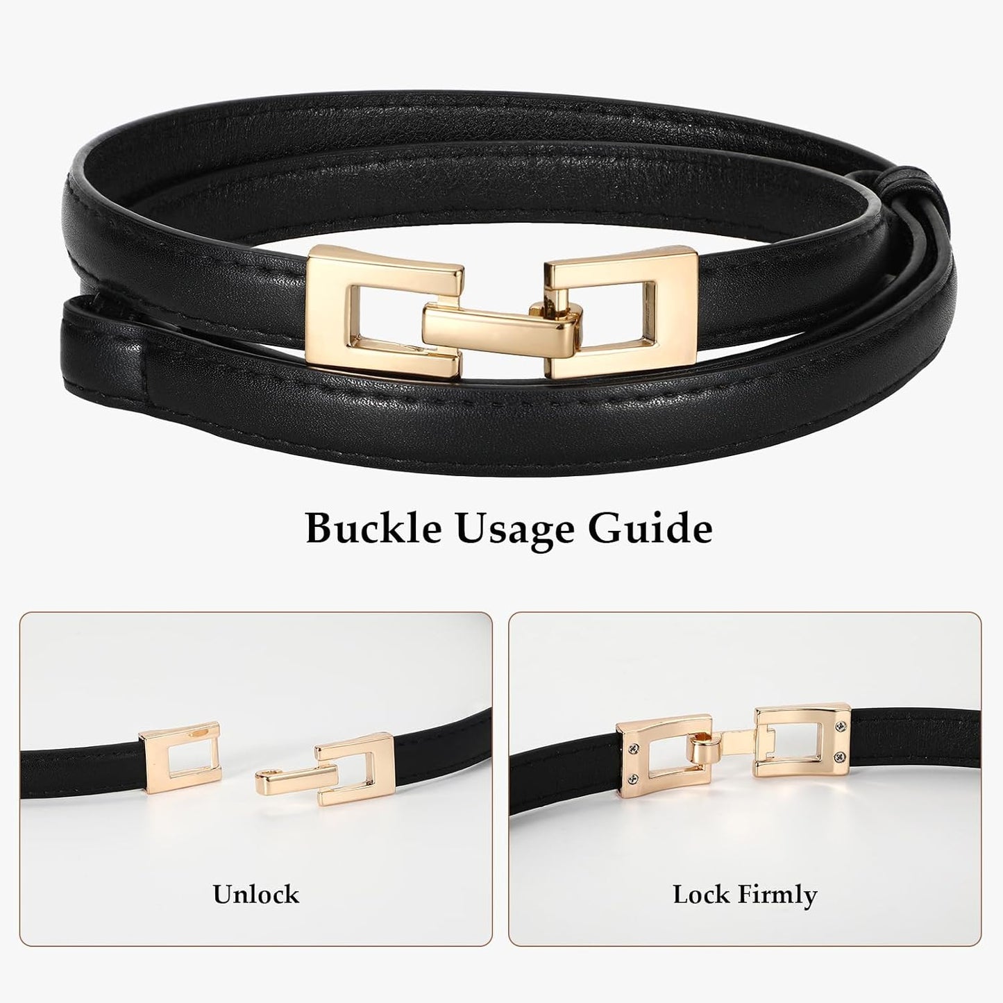 HOTWERFORU 2 Pack Women Skinny Belt Thin Waist Belt for Pants Leather Belt with Gold Buckle for Jeans Dress,0.6" width
