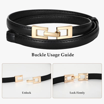 HOTWERFORU 2 Pack Women Skinny Belt Thin Waist Belt for Pants Leather Belt with Gold Buckle for Jeans Dress,0.6" width