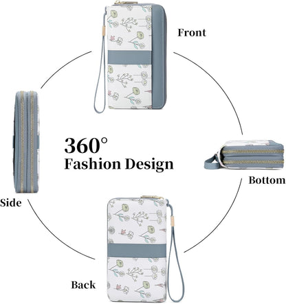 HOTSENDEFN Wallets for Women Double Zip Pocket RFID Blocking Vegan Leather Card Holder Ladies Large Capacity Wristlet Clutch