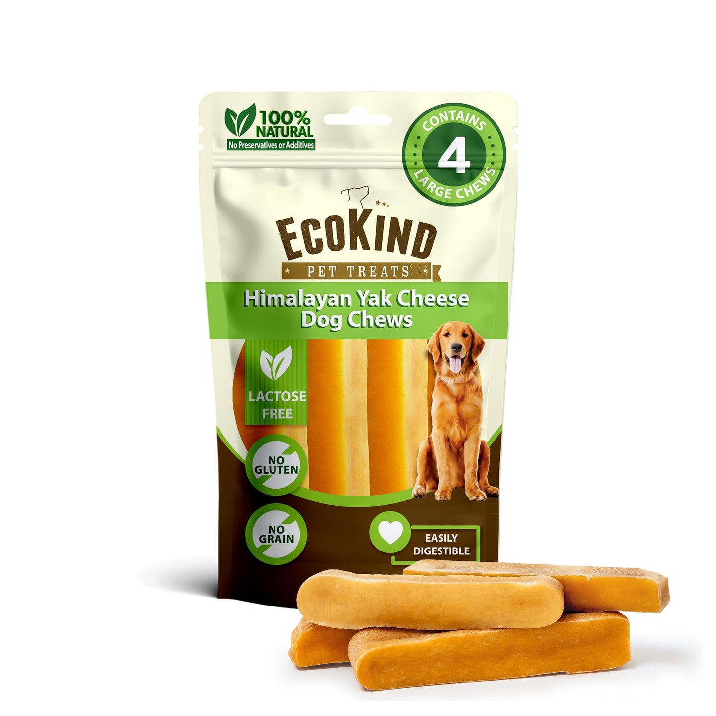 HOTEcoKind Yak Cheese Himalayan Dog Chews, Yak Chews for Large Dogs, 4-5 Bones | 1 Lb, Long Lasting for Aggressive Chewers, Only 3 Ingredient Natural High Protein Dental Dog Treats, No Additives or Lactose