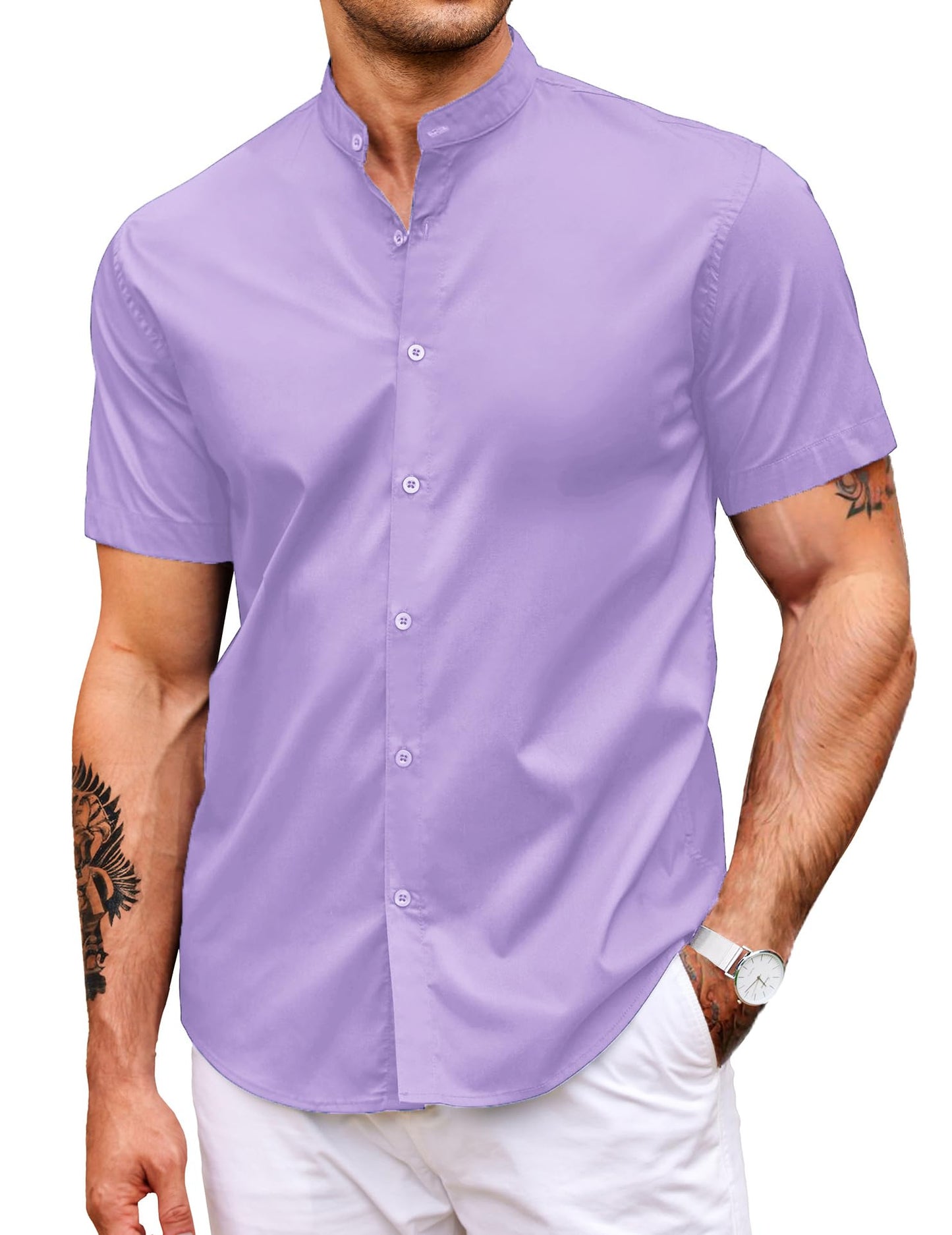 HOTCOOFANDY Muscle Fit Dress Shirts for Men Banded Collar Casual Button Down Shirts